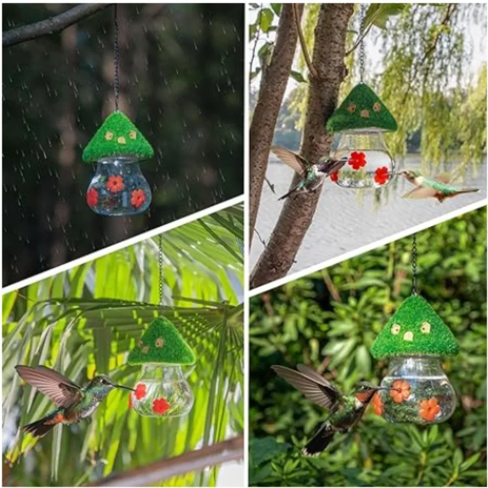 Hummingbird Feeder w/ Green Thatched Roof Style + 3 Red Petal Spouts